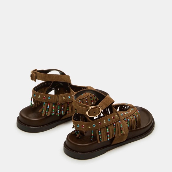 NWB Women’s Steve Madden Wendell Chestnut Suede Brown Fringe Sandals - Picture 2 of 5